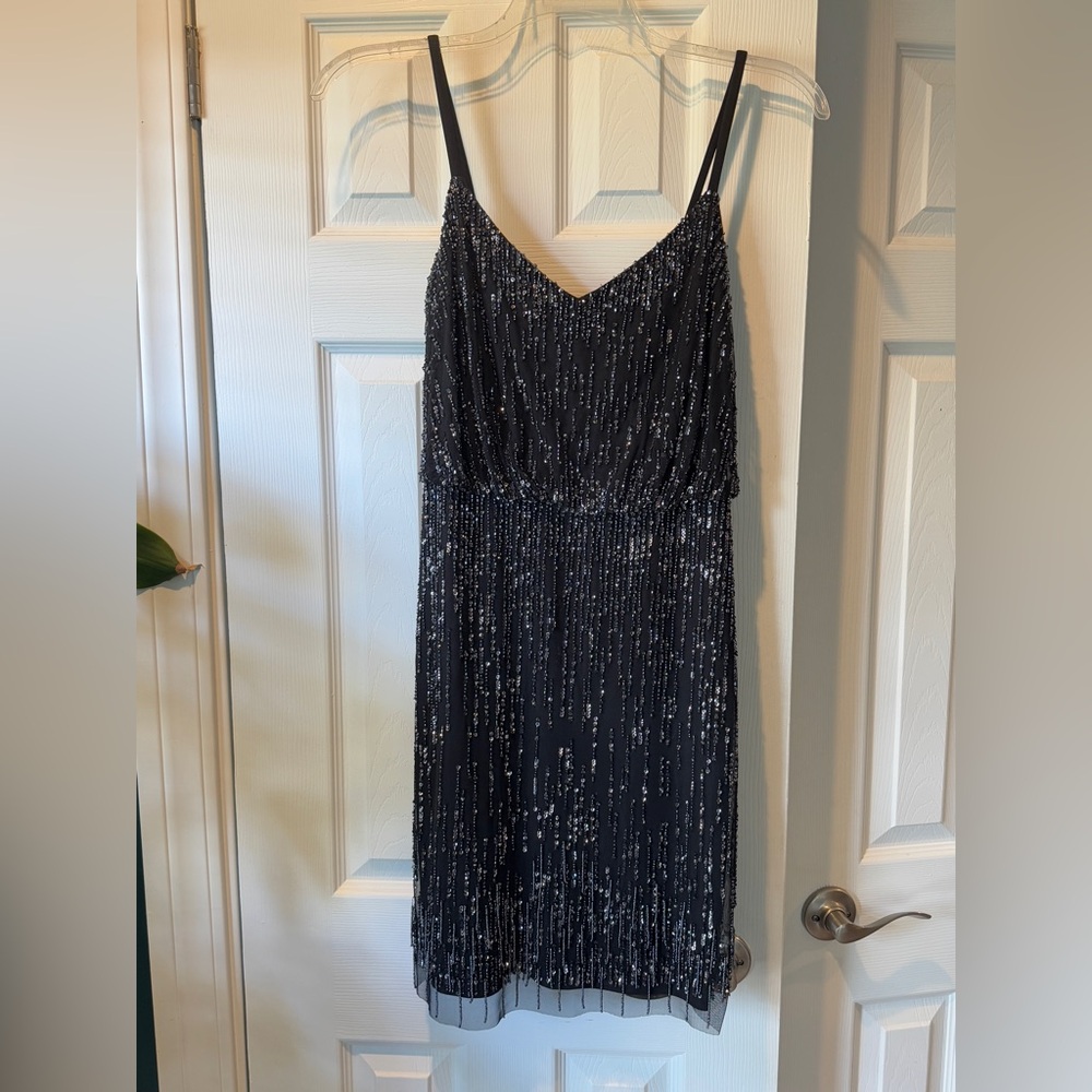 Adrianna Papell Fringe Beaded Cocktail Dress black size 6 homecoming mini